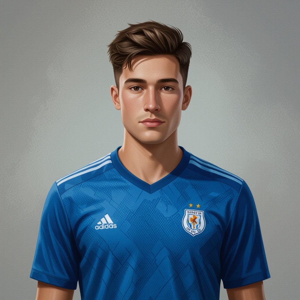 Young adult male wearing an ombré blue soccer jersey