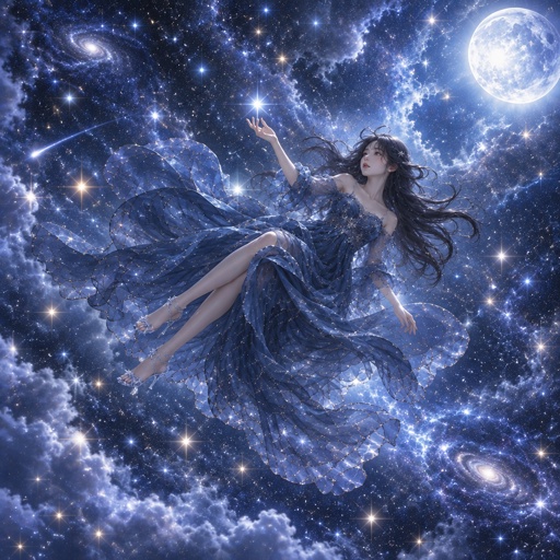 a woman in a blue dress flying through the sky