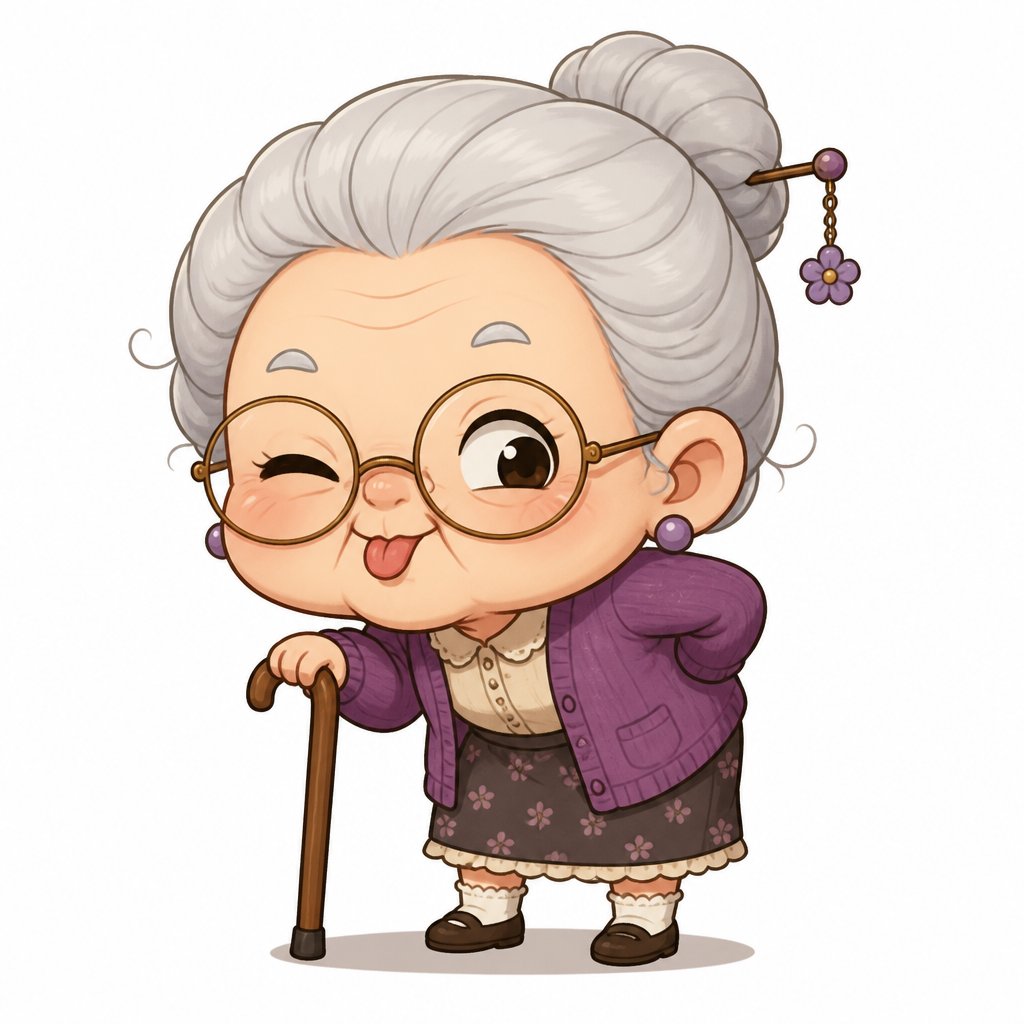 Create funny old woman with cane