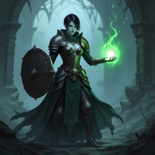 Cleric with heavy armor, and a shield white skin and short black hair. Green magic coming from his hands