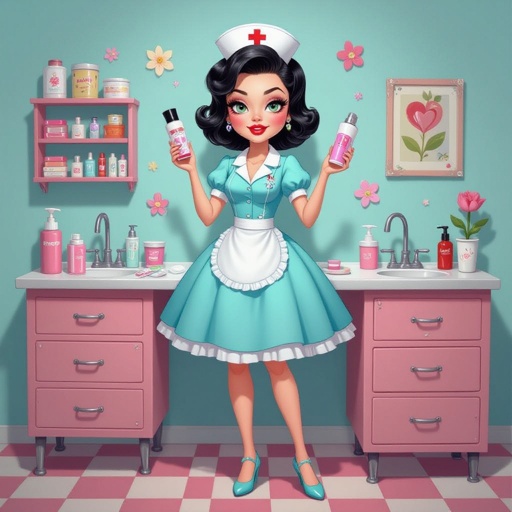 Create a nurse character showing there whole body head to toe, a lady who loves beauty products  