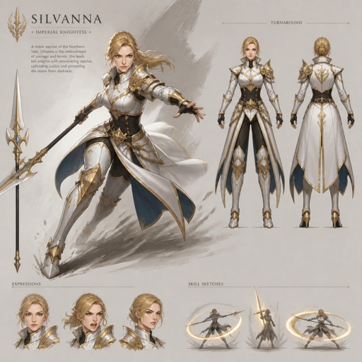 female warrior named silvanna, blonde, white gold 