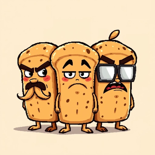 Make a chracter of a bread funny but looks mad named “true loaf”. Make him a bread row instead