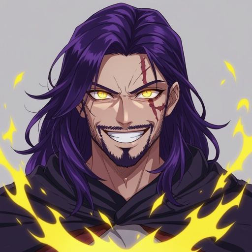 A long dark purple haired 20 year old with a big evil smile who has a stubble beard with yellow glowing eyes and Egyptian art on his face big strong guy with a dark cloak over himself a scar over his eye and looks upset but excited for battle with a yellow purple aura 