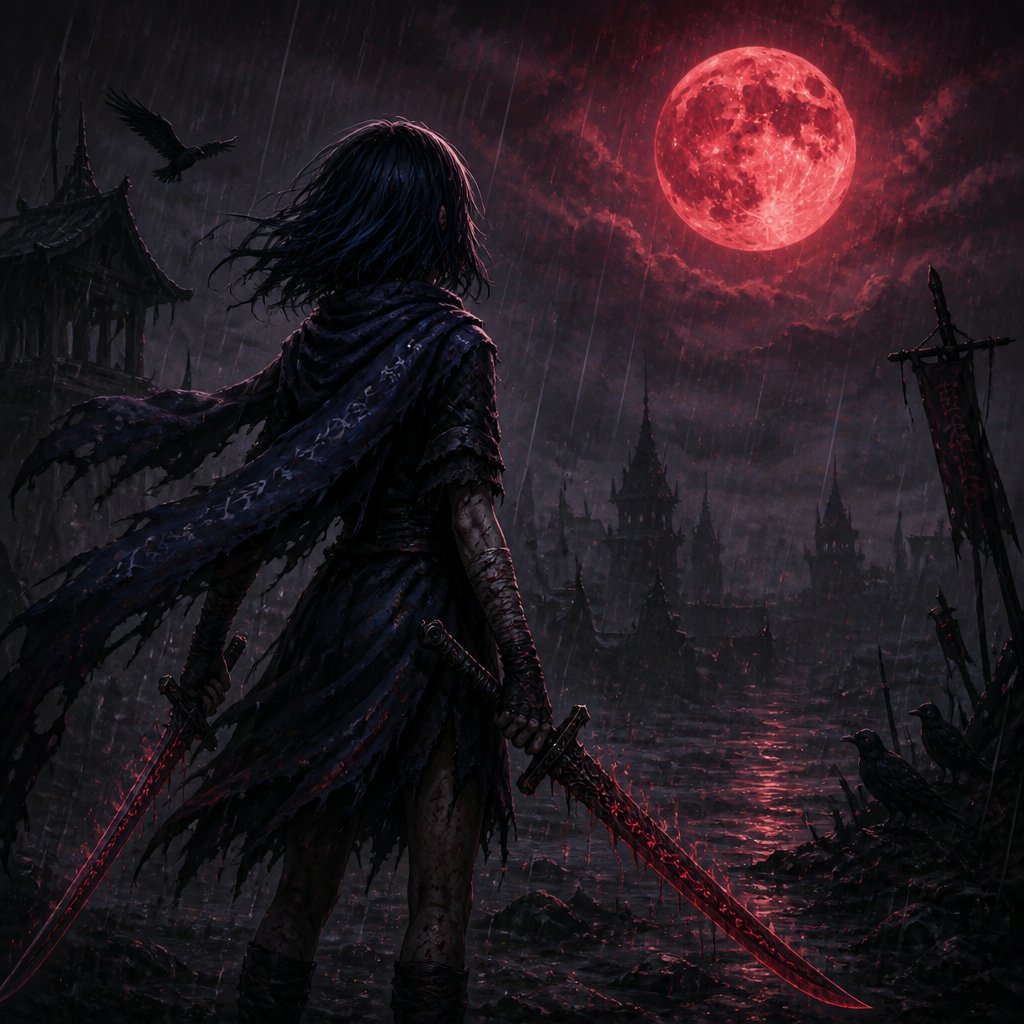 girl with long bob dark blue hair scarf two swords looking at the moon in the rain