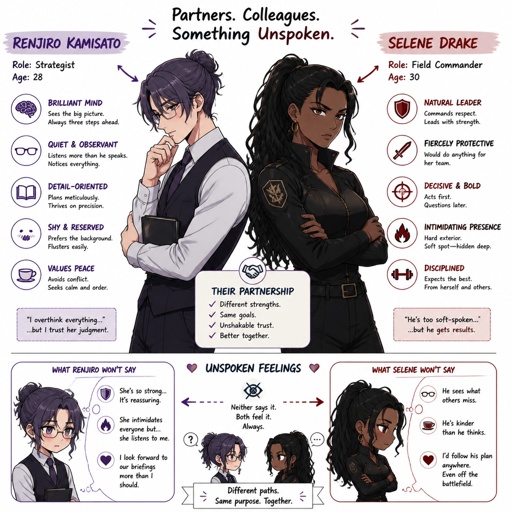 Anime style, Agent Ward hair violet nice bun, is tallish,clean shaven, nice,cares about partner,shy, good at his job,likes his partner but to scared to admit it,is smart,his partner Ruby she's dark skin serious ,intimidating,plays by the rules makes sure she gets all the answers she needs and makes sure those she interrogators gives her all the answers ,as a comic