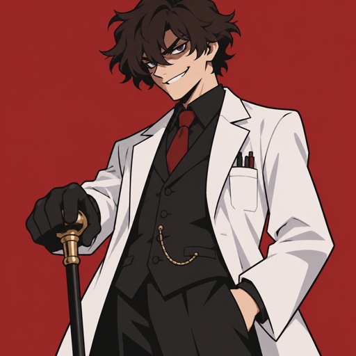 Male,young scientists,lots of bushy messy hair part sticking up on the sides is also drooping down in the middle of his forehead linger strands of hair over his ears,shad,evil smirk,has a cane