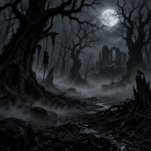 Dark and eerie woods at night
