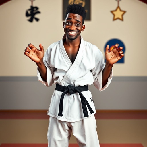 Create a character who looks like a funny African karate guy who doesn’t have a clue what he is doing. Make him have weird toes, only speedos on and a black karate belt. Make him tal skinny and slinky.