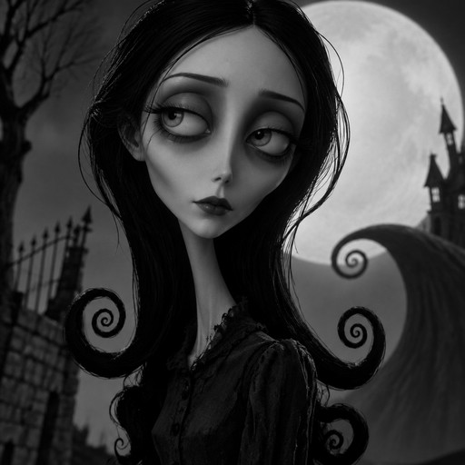 a tim burton portrait of a girl with hair that spirals at the bottom, lots of black and white contrast, high cheek bones, hooded eyes, slight twinge of melancholy in the eyes