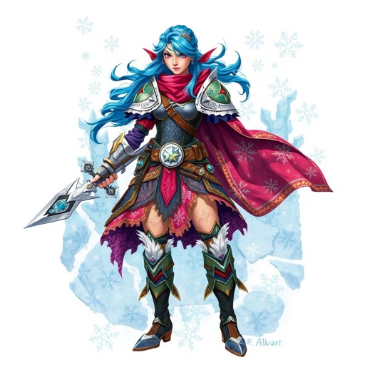 Create a battle woman hero called Alvara the Frostheart. Show full body head to toe including shoes