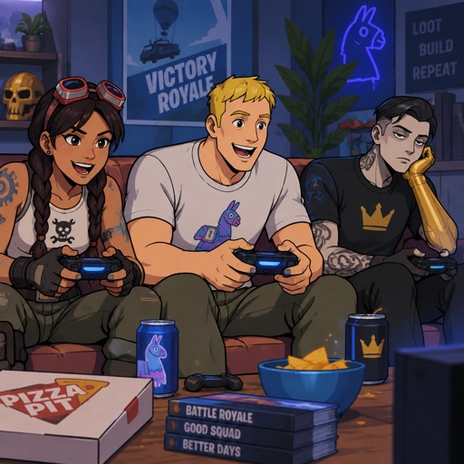 Jules from Fortnite, jones from Fortnite, Midas from Fortnite, wearing casual clothes, playing video games, Midas is bored