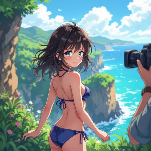 Girl in a bikini looking off a cliff with the camera behind her
