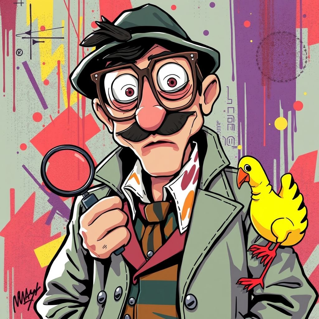 Create a character who is a goofy looking detective, who is confident. But funny looking.