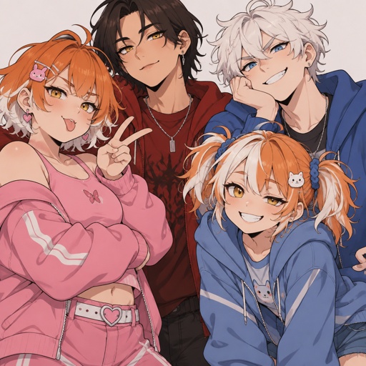 Female, teen, short orange hair white tips, slightly chubby, yellow eyes, wears pink, sassy, Male, smile, Asian, smile, neck length black hair, yellow eyes, eyeliner, wears red casual clothes, small mouth, Male, fluffy white hair, big blue eyes, irritated expression, long smile, snobby, wears blue, Female, smile, yellow eyes, orange and white messy pigtails, short, wears blue, one droopy eyelid