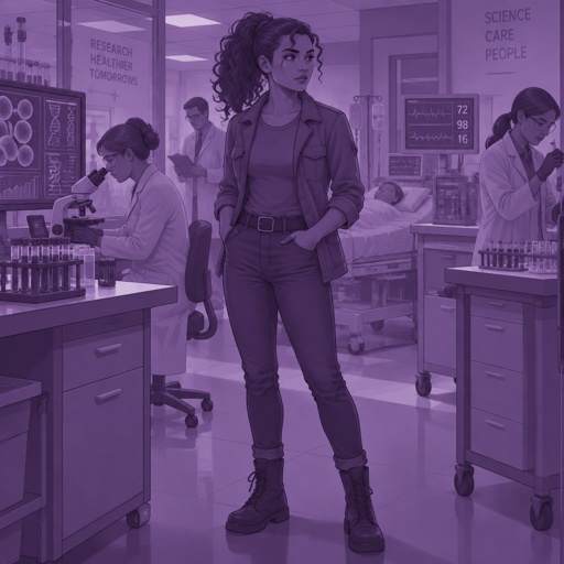 Female, tan skin, brown eyes, pointy nose, curly ponytail, curl in the middle of her forehead, grey jacket rolled up sleeves, jeans, boots, purple shirt, in the hospital, scientists all around her doing tests