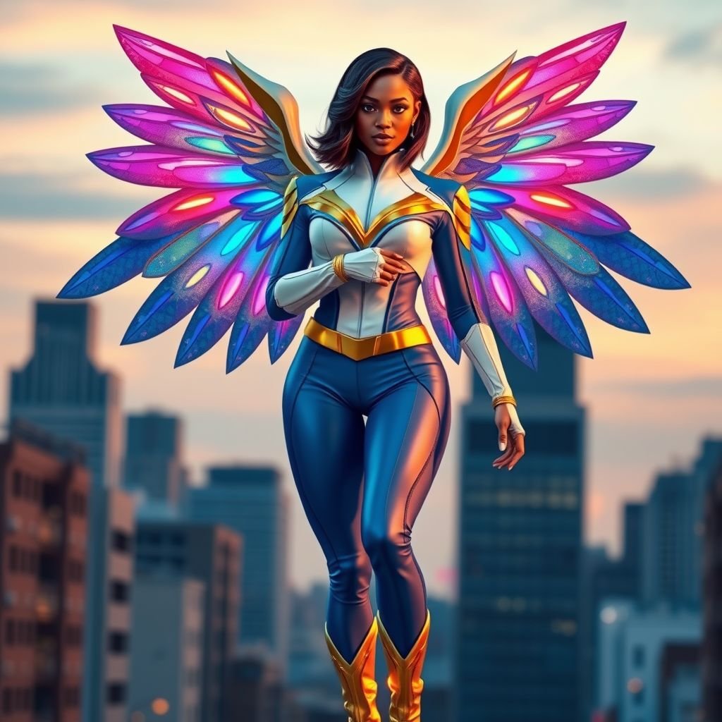 African American female superhero with shoulder length hair in a side part style and holographic wings wearing a homemade leather white and blue suit with gold accents and blue pants with a stylized V as her chest emblem wearing gold flat boots  made of gold fire standing in Philadelphia at dusk