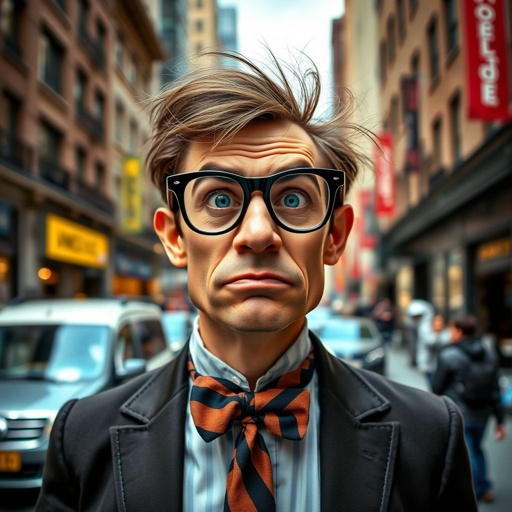 Create a funny looking serious man in the world, with a not so stylish outfit head to toe