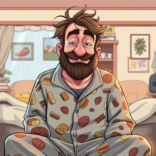 Create mid 30 character who is lazy as heck. And you could tell from his face and his entire outfit. Make is funny and the style of the graphic photographic