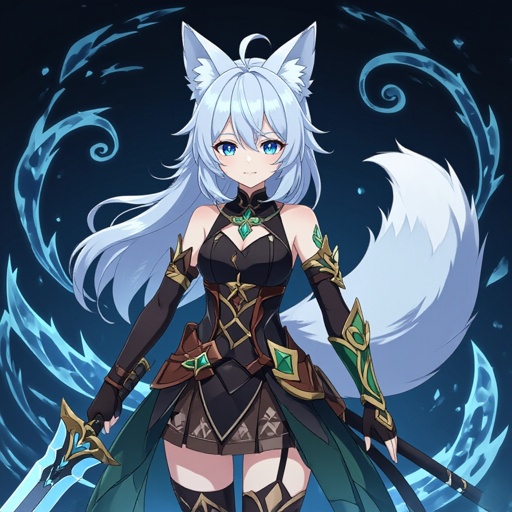(In the style of an anime game called Genshin Impact) A pale teenage girl wearing black, has medium white hair, has large fox ears and a fluffy tail and a dark green and brown ancient right arm with a black glove on her left arm holding a sword of ice with a black-ish background with ice swirling around her