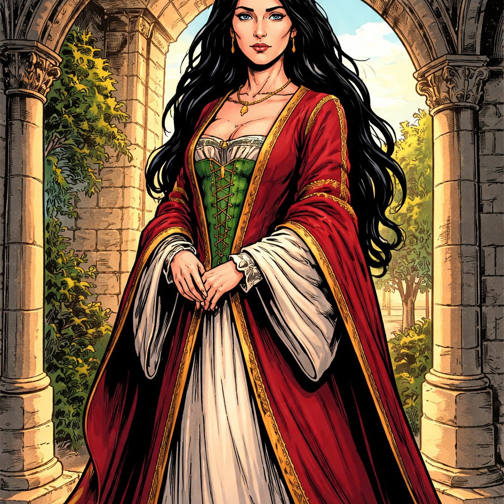 a slim serious tall modest woman with long black hair in renaissance robe.