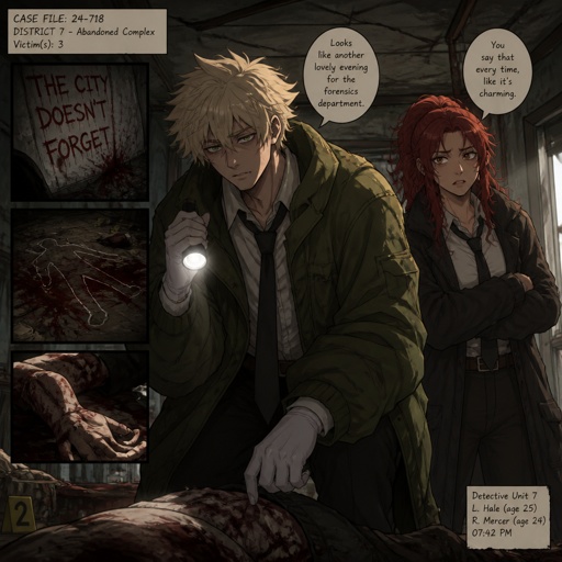 Anime style Male great detective takes his job real seriously really good at it mid 20s medium really crazy light blonde hair, tall thin, tied, clean shaven, strange green eyes wearing baggy loose mossy green jacket tired face, partner, long red hair brown eyes looking annoyed and concerned for him, trying take case seriously,very gruesome seen, person unknown, detective will do whatever he can, parent and him get into arguments usually partner will say "you really need some rest you can barely stand and your speaking trails off, how do you expect to finish this case with the little sleep and food you get" detective reply" all I need is some coffee, I can survive I don't plan on resting till I get to the bottom of this, worrying never helps"as he yawns, partners says back "ugh! your really stubborn, looks like I'm going to have to catch you again when you pass out"as a comic