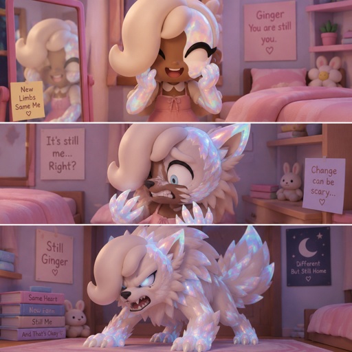 Ginger from Dandys world in her room enjoying her new Opalite legs and arms and face piece in one scene and the middle one she’s half Opalite werewolf and she’s scared and the last one she’s fully transformed 