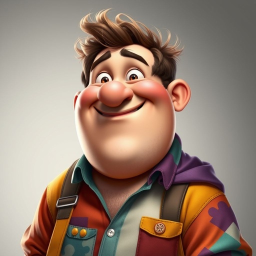Create a adult character head to toe and full body. who is chunky , funny looking but swears he’s a lover boy.