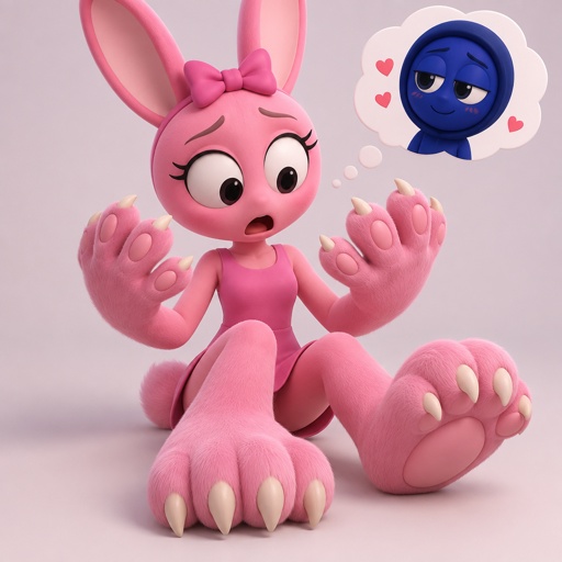 Pinki from Sprunki as her kind wererabbit self noticing that she is getting bigger and stronger with her feet looking like wererabbit paws and her hands looking the same all for Jevin from Sprunki 