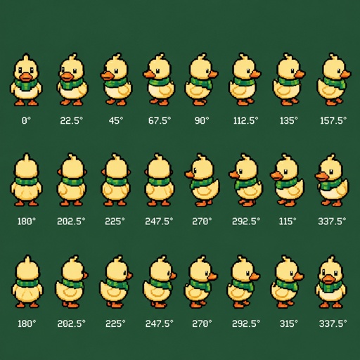 Duck for a fantasy game set in modern times, top-down style, 360, different colors