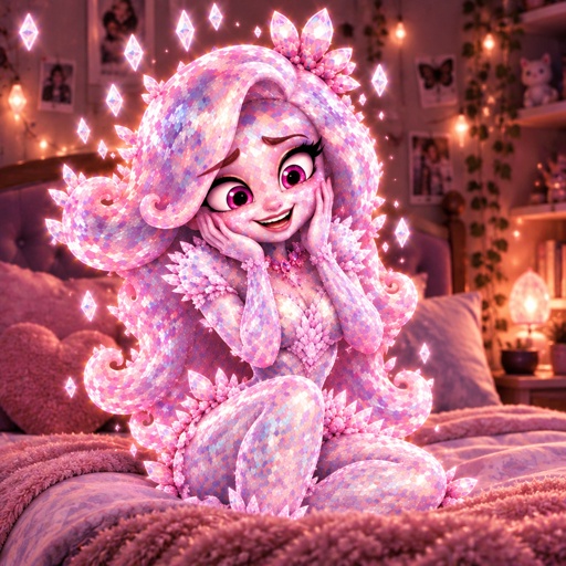 a pink doll sitting on top of a bed