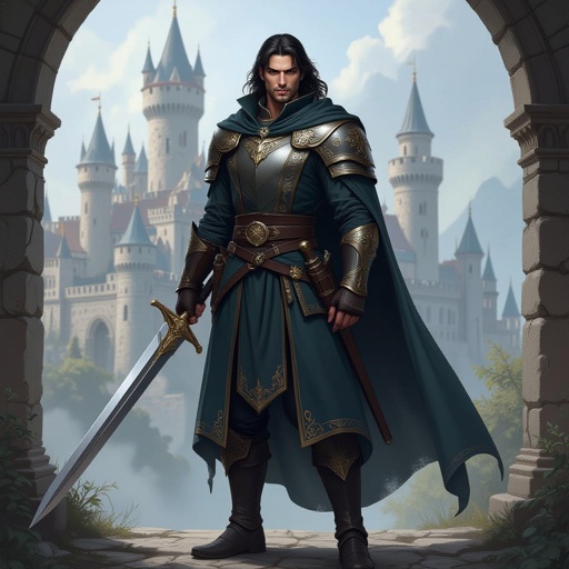 Man strongly built with black hair in nobles clothing from the Middle Ages without weapons