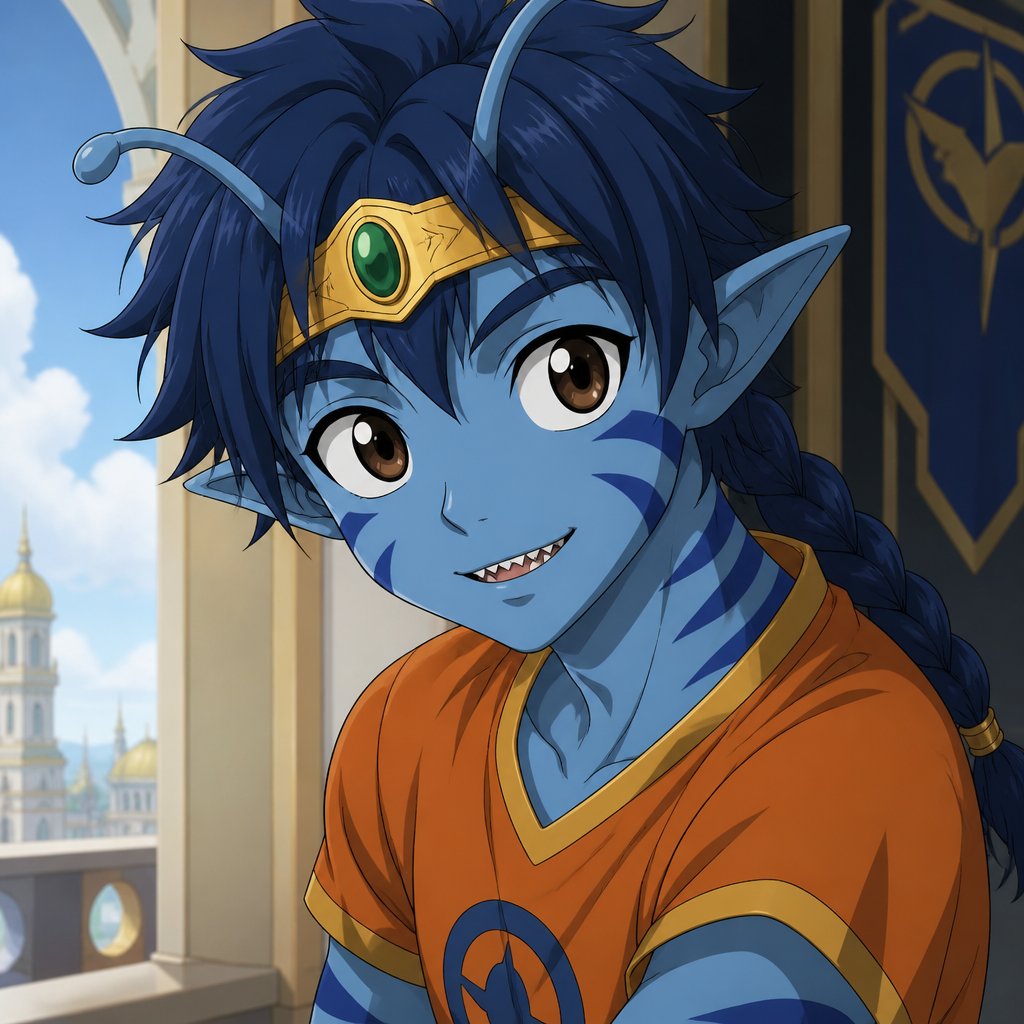 Anime Alien teenage prince with light blue skin and a slightly darker blue stripes, slim body brown eyes really dark blue hair messy and in a braid two antennae and sharp teeth small golden band around head with a green stone in the middle wearing an orange shirt, currently in a secret facility he is curious and confused He was taken in by a secret facility when they found him he is confused and a little scared he is also curious of the human world and ask lots of questions he doesn't answer to them about where he comes from or how he got there he only says that he just suddenly appeared on earth no other explanation which annoyed the people more he wants to get out and see more of the world but is not allowed to he has powers he could use but doesn't have full control and wants to show he is trustworthy and means no harm Anime male grandsons of the goddess of death,very excited boy with blonde hair and died blue tips hair styled with being up to neck length and one side having hair clips and his top hair is more bushed nice up his other side of hair being loosed with no hair clips and blue eyes casual clothes has the power of death and always looks at the good things in life When a friend or family member gets really extremely harm to possibly no return his dark side will come out his skin become gray his hair becomes full blue his tips a more dark blue his eyes become a bright shining yellow no pupils his sclera becomes black his powers become extremely strong very dangerous to be near him when he unleashes his full powers he will also have black swirls around him when this happens Anime Male great detective takes his job real seriously and is really good at it in his mid 20s with medium really crazy messy light blonde hair, tall thin, tied, strange green eyes wearing a baggy loose mossy green jacket tired face thinking hard about the crime scene and talking to his partner about it, partner looking annoyed at him but also concerned about him but also trying to take this case seriously they are talking about the crime scene and what could have happened and who would do this there all interacting with each other
