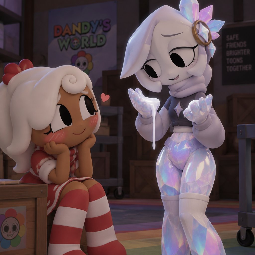 Ginger from Dandy’s world watching my dandy’s world Oc and summer main Crafter the Opalite shard who happens to be Gingers love showing her white Ichor aka Purified Ichor and Ginger notices that her legs and hips and waist are Opalite and the tops of her socks have Opalite crystals on them but she doesn’t mind