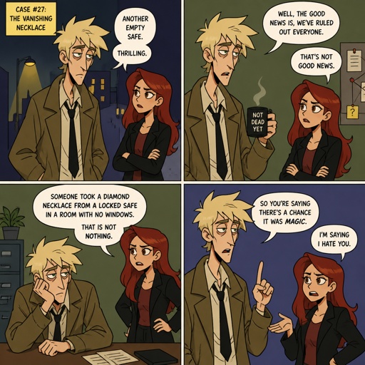 Anime style Male great detective takes his job seriously mid 20s medium really crazy light blonde hair, tall thin tied, clean shaven, strange green eyes wearing baggy loose jacket tired face, partner, long red hair brown eyes annoyed and concerned for him, try take case seriously,gruesome seen,detective do whatever he can, partner and him get into arguments usually partner will say "you really need some rest you can barely stand and your speaking trails off, how do you expect to finish this case with the little sleep and food you get" detective reply" all I need is some coffee, I can survive I don't plan on resting till I get to the bottom of this, worrying never helps"as he yawns, partners says back "ugh! your really stubborn, looks like I'm going to have to catch you again when you pass out" as a comic