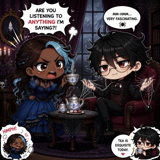 Anime style, Ruby she's dark skin with brown hair and light blue, streak, serious, intimidating, makes sure she gets all the answers she needs,very good at interrogating the suspect, is very loud, being calm is hard, loves tea.Anime white male, name Lloyd, hair messy long one loose braid, black hair with light red stripes, clean shaven,red eyes, long scary fingers spider fangs,glasses, sarcastic, cold, laugh mockingly, traumatized,was a unwillingly experiment many years before getting rescued, no memory of his past, has power of a spider, poisonous makes spider webs with his hands, can communicate and control spiders, on right arm a print says sub 389, doesn't remember anything from his past,very dangerous, being taken care of in a special agency.there all in the same room asking Lloyd questions,Lloyd is wearing casual clothes ,as a comic 