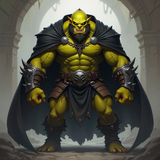 An half ogre with mustard yellow skin, quite muscular, with sharp protruding teeth, a black cape and a heavy chain mail armor.