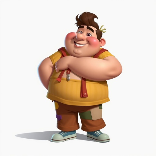 Create a adult character head to toe who is chunky , funny looking but swears he’s a lover boy.