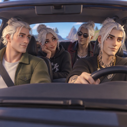 Jones from Fortnite stubble , Midas from Fortnite, Jules from Fortnite, Kado Thorne from Fortnite pale skin white hair shoulder length back hair bun, all driving in a car, all wearing casual clothes 