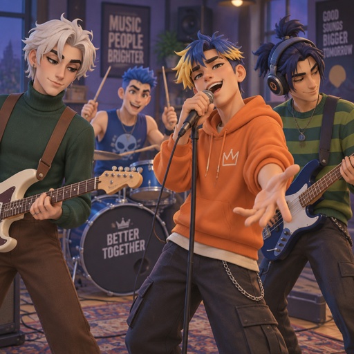 Male, shoulder length straight white hair, under eye mascara, multiple gold ear piercings, tear tattoo under eye, arm tattoos, multiple rings, sleeveless green turtle neck, brown suspenders, green eyes, playing guitar, second male undercut spiked up blue hair, scar on mouth, large eyes, ear piercings, rings, bracelet, blue shirt upturned collar sleeveless, jeans, necklace, smile, playing drums, third male jagged blue hair cut yellow tips, orange sleeveless hoodie, ripped pants, boots, smiling, dark blue eyes, singing, fourth male dark blue ponytail, hair cover one eye, tan, eye bags, blue eyes, headphones, green striped sweater, grey pants, blue sneakers, playing bass, smiling