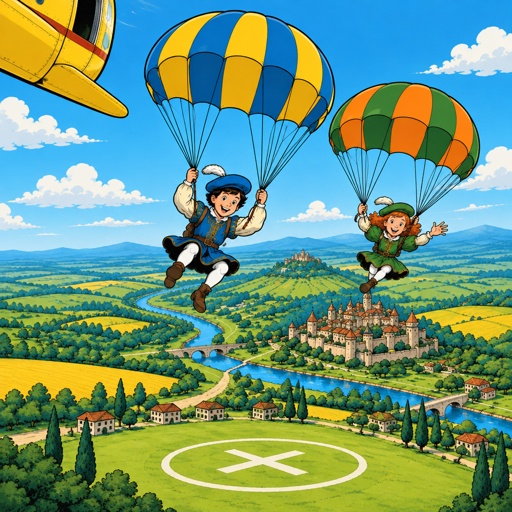 a couple of people flying through the air with parachutes