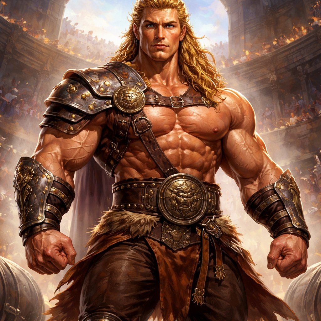 A tall well~proportioned muscular figure/body with “broad-shoulders, thick neck, giving an impression of sheer power”. His haircut is a blonde mullet. His “expression is often serene or determined, with deep-set blue eyes and strong brows, hinting at inner depth". He works at freak show as a strong man. His outfit consistsed of a gladiator outfit but with brown pants.