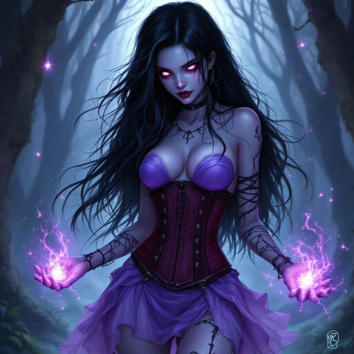 Peaceful Hollow One Zombie Girl Black Hair with a Shock of White. She wears a Lavender strapless skin tight mini dress. With a dark red corset
