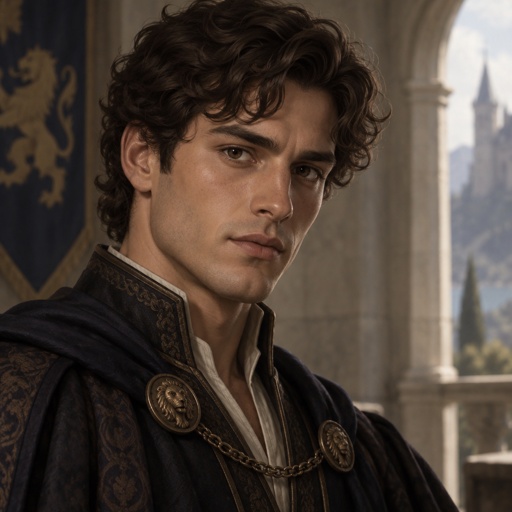 25 year old prince with dark brown curly hair and dark eyes. 