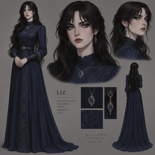 Female, Liz,tale, pale, beautiful, black hair long curtain bangs style, bright blue eyes, very beautiful wearing a dark blue modest dress, dark blue eyeshadow, red lips, wearing jewelry, has a husband, two children one daughter one son, she seems cold and harsh but is really kind had to raise her younger brother and sister when there parents died, she was only 22, her and her brother have a hard time getting along they argue a lot she loves doing art,reading,is a great mother and wife,loves her siblings 