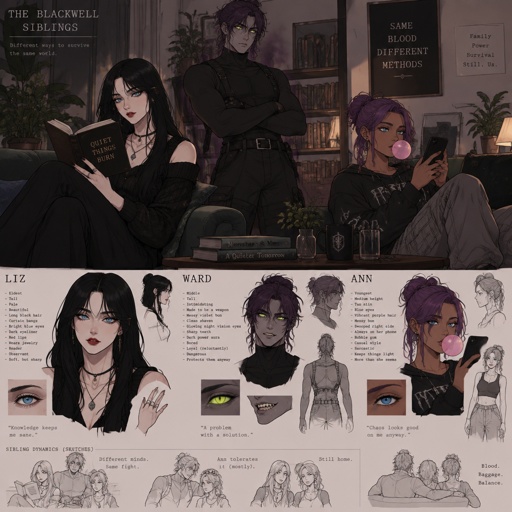 Three siblings, Female name Liz, oldest, tale, pale, beautiful, mysterious, black hair long curtain bangs style, bright blue eyes eyeliner liner,dark eye shadow,red lips, wearing jewelry, Anime style, Agent Ward male, middle child, made to be a weapon, highly skilled, emergency backup case he gets out of control, hair violet messy bun, clean shaven, night vision eyes no goggles, sharp teeth, dark power, tall, intimidating, he's used as an emergence backup weapon, Female Ann, youngest sibling, medium hight pale, tan, blue eyes, vivid purple dim hair in a messy bun her front hair is swooped down in her right side,all in the living room Liz reading a book,Ann looking at her phone while blowing bubble gum,ward standing looking bored 