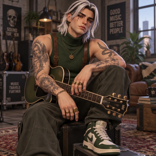 Male, shoulder length straight white hair grey lines in hair, under eye mascara, multiple gold ear piercings, tear tattoo under eye, arm tattoos, multiple rings, sleeveless green turtle neck, brown suspenders, green tennis shoes, guitar