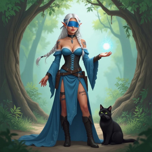 She is an Elvin wizard age 19. She is tan She is 5'6 and She has platinum hair that is long with some small braids with her hair flowing behind her .She had a blue blind fold covering her eyes. She has scars on her face and neck. As well as the word freak carved into her chest making a small scar. She is wearing a blue dress to match the blind fold. The dress has two leg slits and is a corset she has flowy sleeves that cover her arms completely. Her left leg has a knife holder with a knife in it strapped to her leg. With her hand she is casting a small light ball. She has a large black cat by her feet. She is wearing boots to match the black corset. She is standing in the woods. The trees making an arch way behind her.