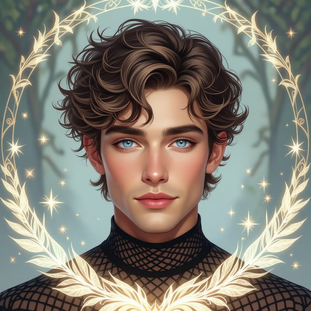 Mężczyzna. Człowiek. Delikatna uroda, włosy krótkie zasłaniające uszy, lekko kręcone, ciemny blond. Oczy jasnoniebieskie. Delikatnie zadarty nos. Wąska, uwydatniona szczęka. Ubrany alternatywnie. Normalne uszy. Bez kolczyków. Ubrany na czarno w siatkowaną bluzkę.