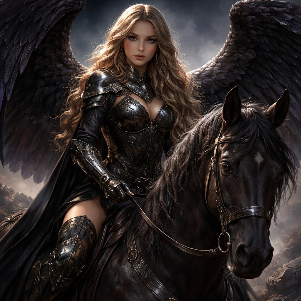 Non sexualized Tan skin and Blonde hair 17 year old girl with brown eyes. Long dark eyelashes and irises with gold flecks highlighted by gold flecked eyeliner. Black background with dark fog and rocks. She’s riding a regal horse. She has dramatic black wings with a purplish hue. She’s wearing a skin tight decorated armor